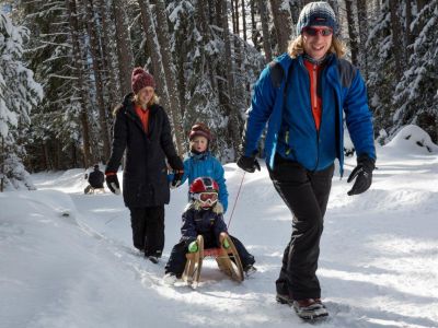 Winterurlaub für Familien in Tirol,Rodeln Schlitten Familie Winter