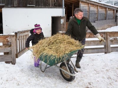 Schubkarre Heu Kind Opa Toni Bauernhof Winter